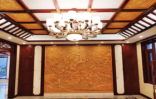 海东中式别墅客厅中式木作横梁吊顶装饰展示