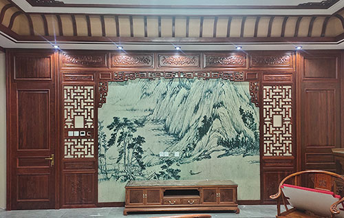 海东中式仿古别墅客厅背景墙花格木作装饰